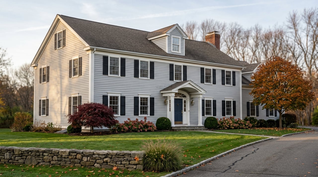 Dove-gray colonial with navy door and white portico beyond a fieldstone-walled lawn; burgundy maple by the entry.