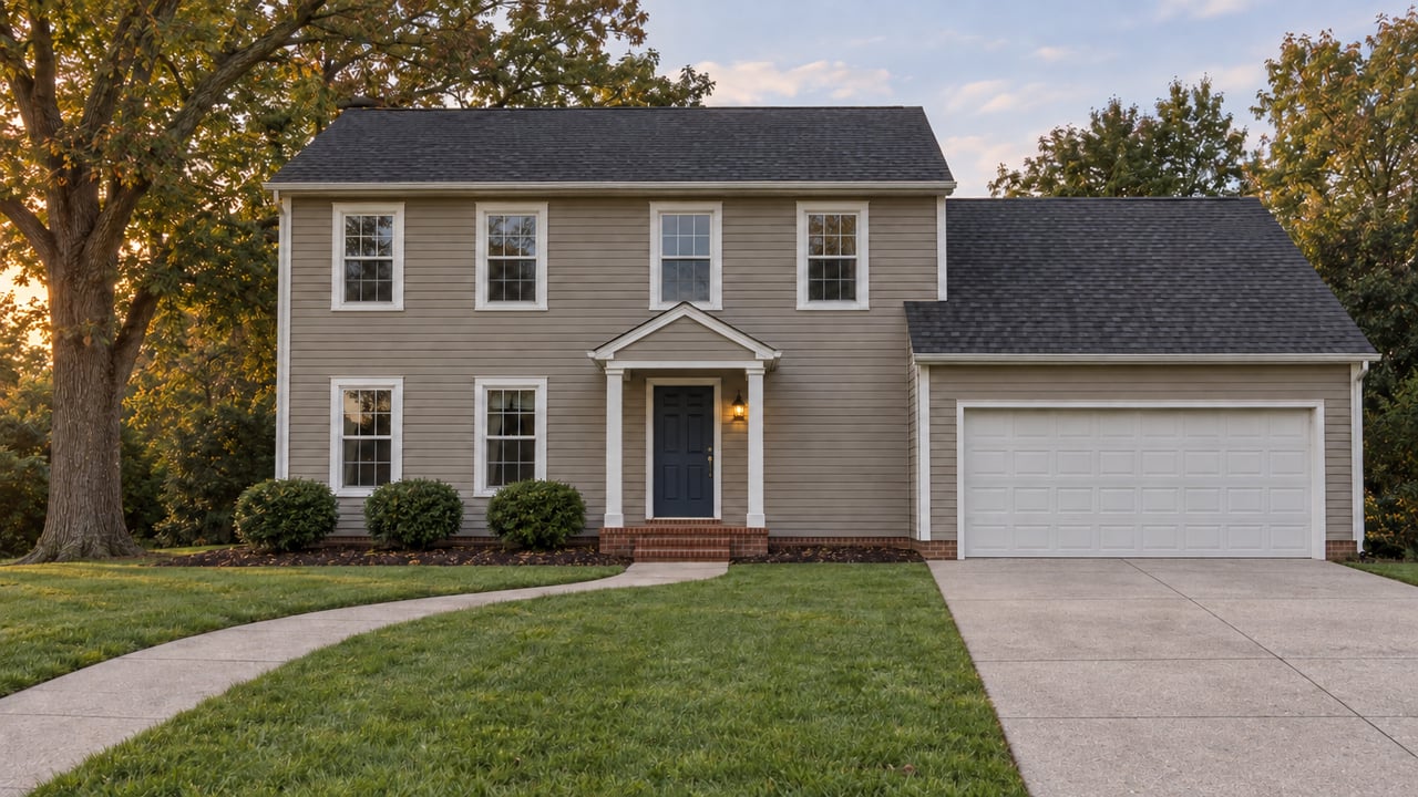 Taupe two-story house with white trim, brick entry steps, a concrete garage driveway, curved front walk, green lawn and mature oak in evening light.