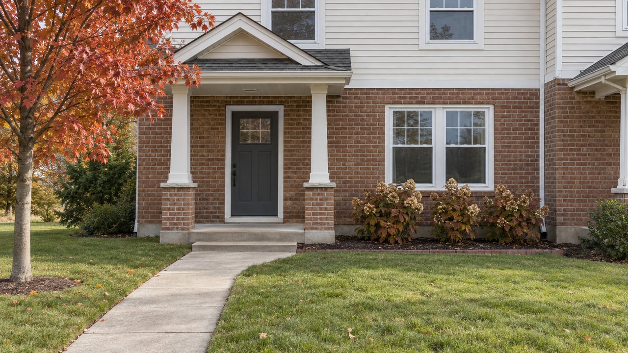 Brick and off-white siding townhome entrance with a short concrete approach, autumn red maple and oakleaf hydrangeas.