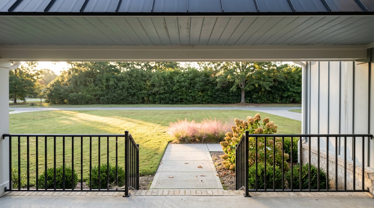 Front porch overlooks a lawn and concrete walkway, with hydrangeas, ornamental grass, and a dense treeline.