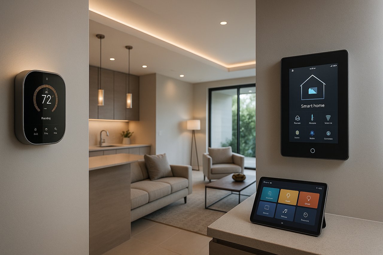 Modern Miami living room with visible smart-home technology, including a digital thermostat, smart lighting, and a home-automation control panel.
