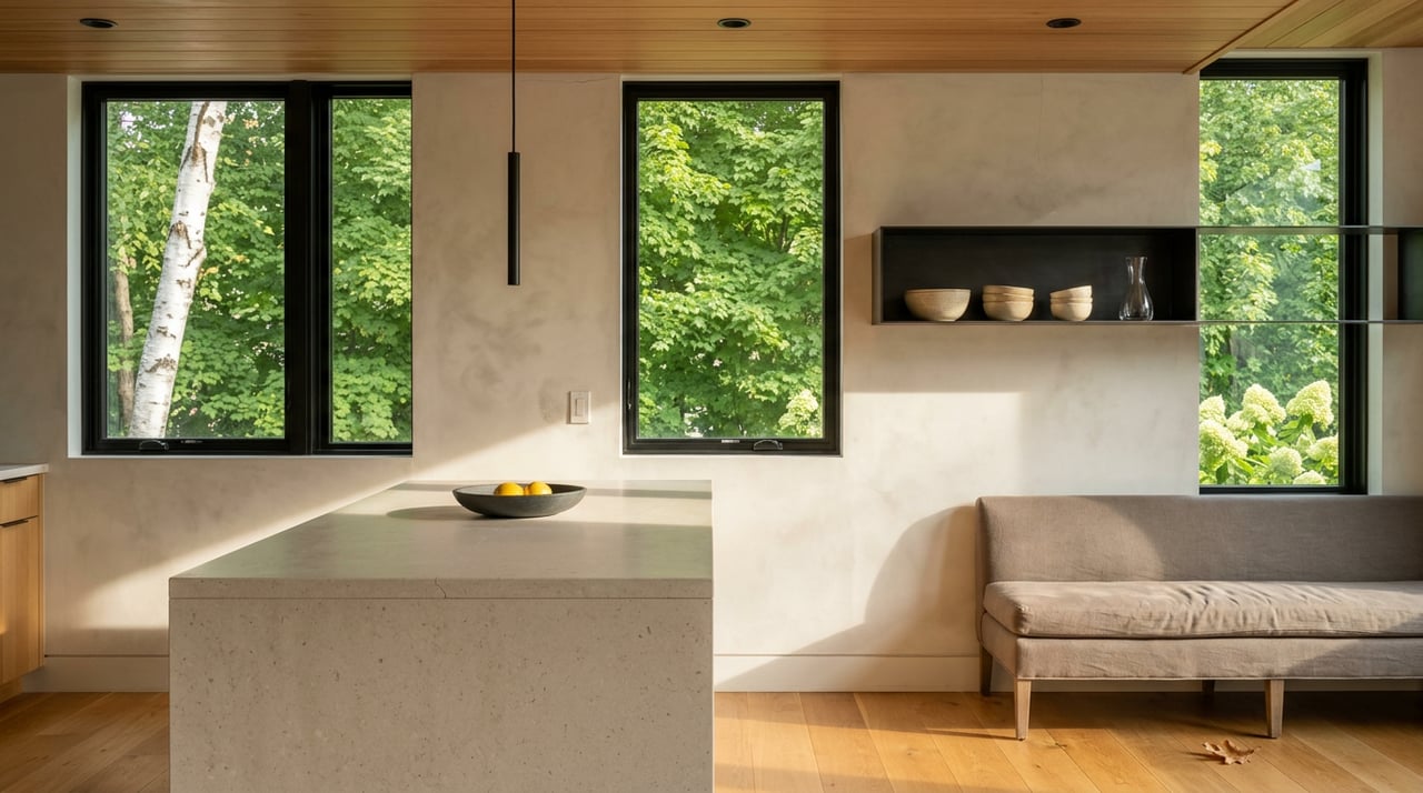 Sunlit kitchen corner with black-framed windows, a limestone island, oak floor, and leafy trees outside.