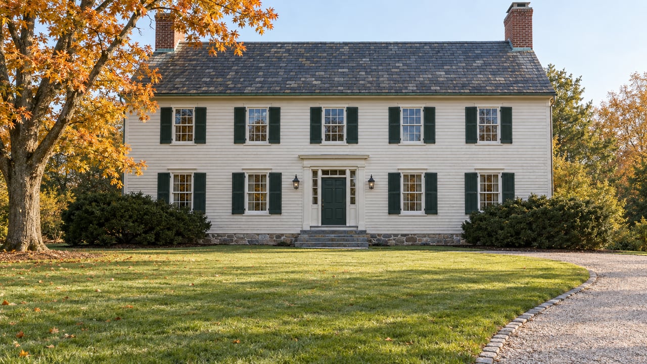 Ivory clapboard estate house with dark green shutters, slate roof and brick chimneys beyond a broad autumn lawn and curved gravel approach.