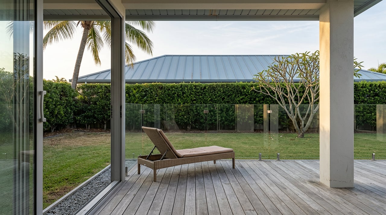 A woven lounge chair sits on a lanai deck overlooking a lawn, plumeria tree, and trimmed hedge.