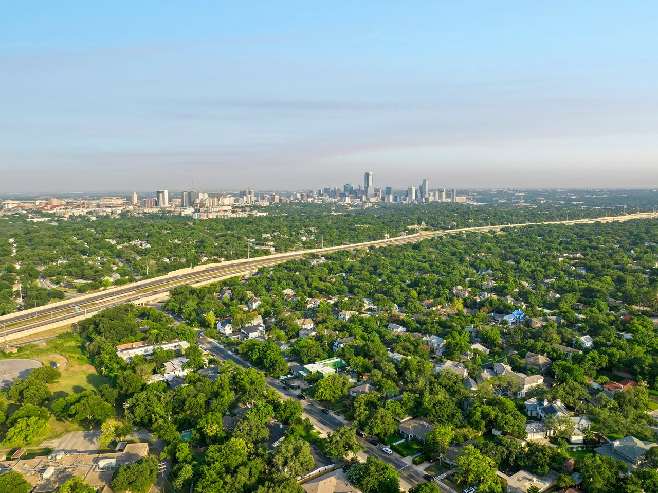 Aerial view toward the Austin skyline from 2404 Westover Rd, Tarrytown.