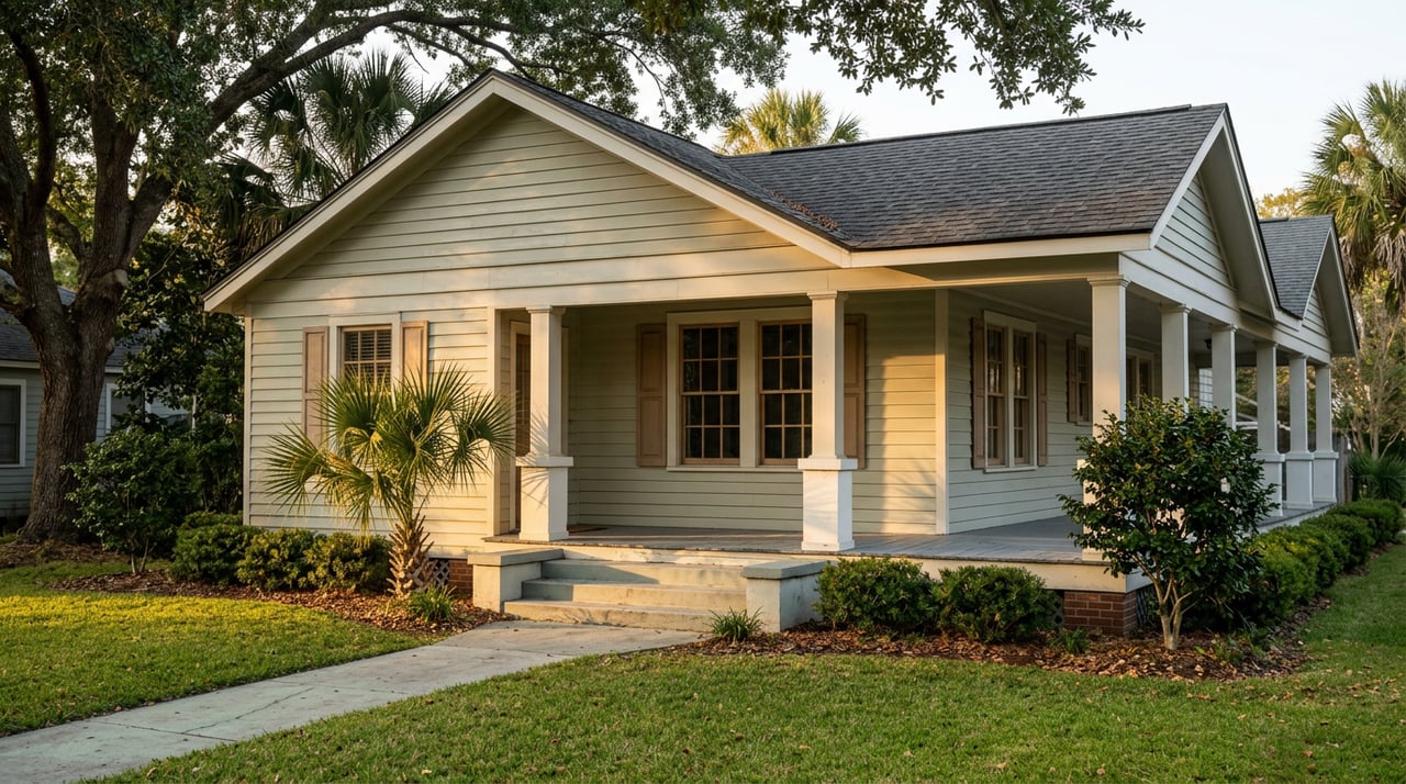 Pale sage bungalow with a gabled porch, divided-light windows, and a walkway crossing a sunlit lawn.