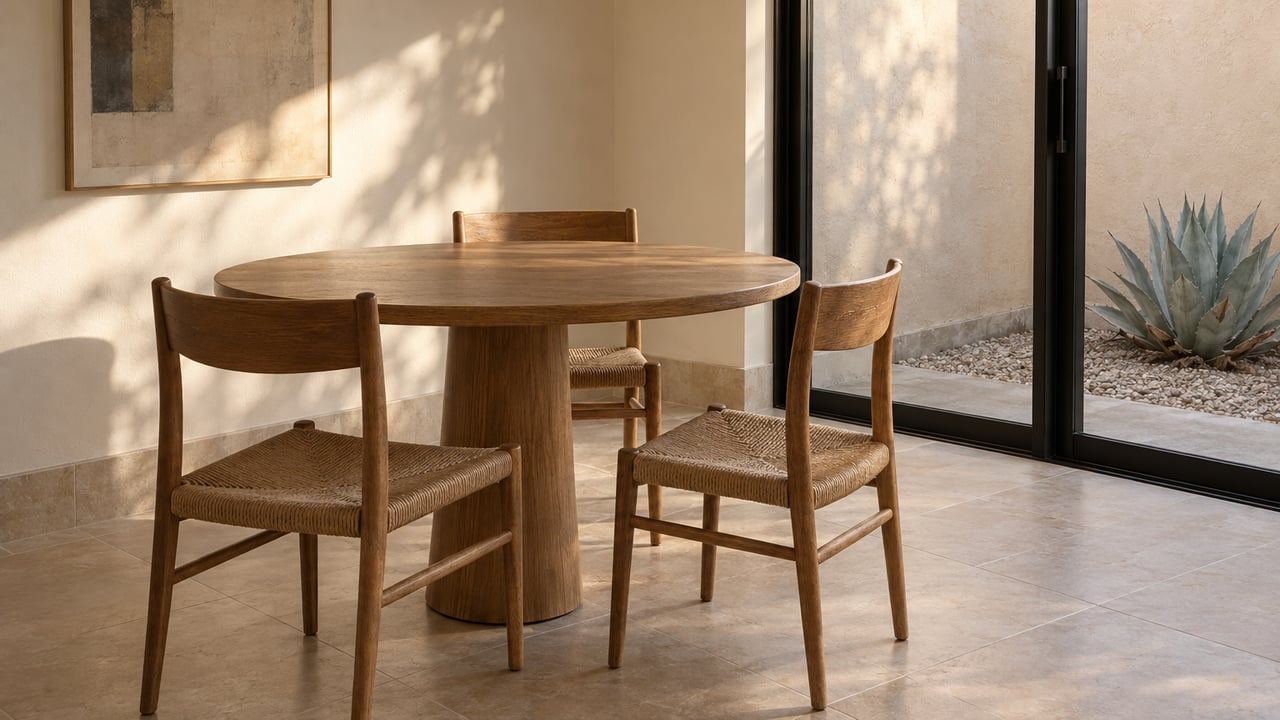 Sunlit dining alcove with an oak table, woven-seat chairs and closed black-framed glass doors overlooking a gravel court with one agave.