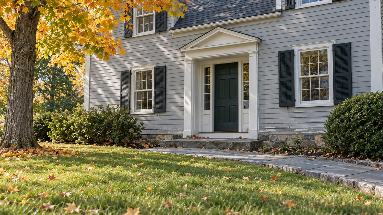 Gray clapboard house with a dark green entry, bluestone walk, and yellow-orange maple canopy.