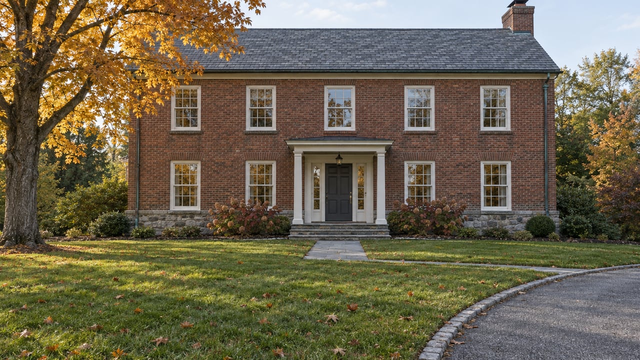 Brick colonial home with a stone entry, broad autumn lawn, curved driveway and amber maple tree.