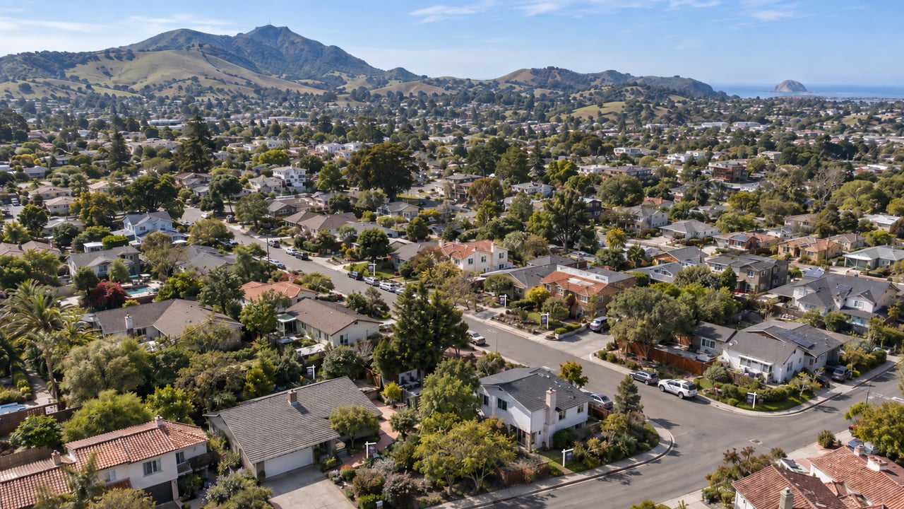 A broad residential neighborhood view shows several actively marketed homes distributed across different blocks, illustrating why market direction must be read from multiple properties.