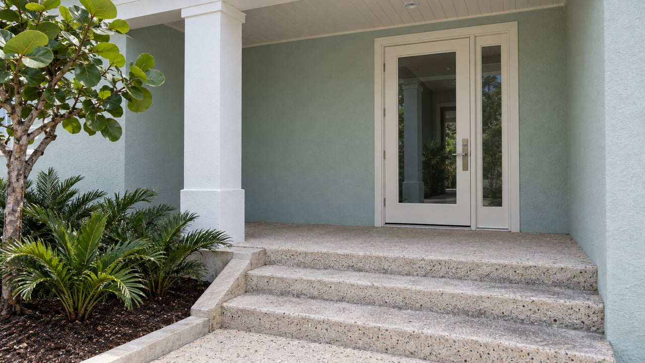 Home entrance with a glass front door, wide stone steps, and tropical plants.