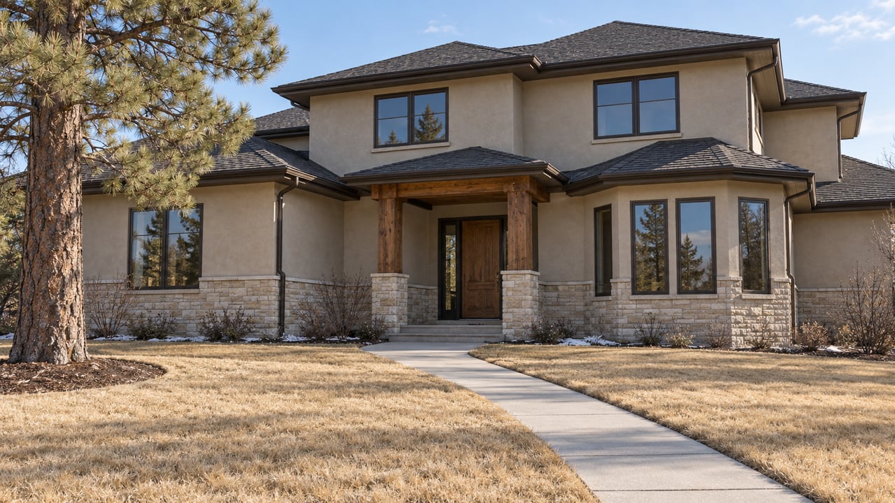 Sunlit stucco and limestone home with bronze-framed windows, a deep dormant lawn and one mature pine.