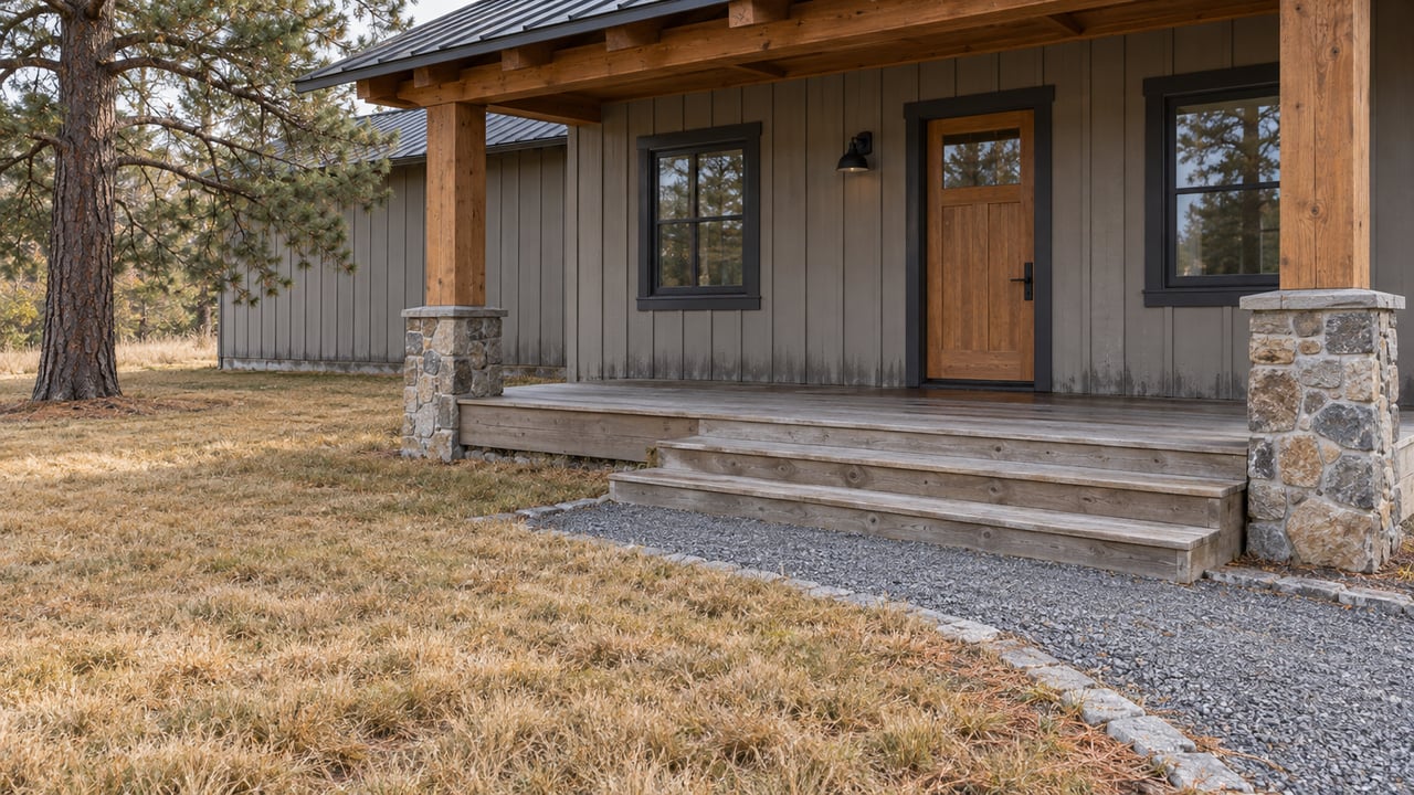 A weathered timber porch with fieldstone post bases and broad wooden steps leading to a dormant lawn and gravel approach.