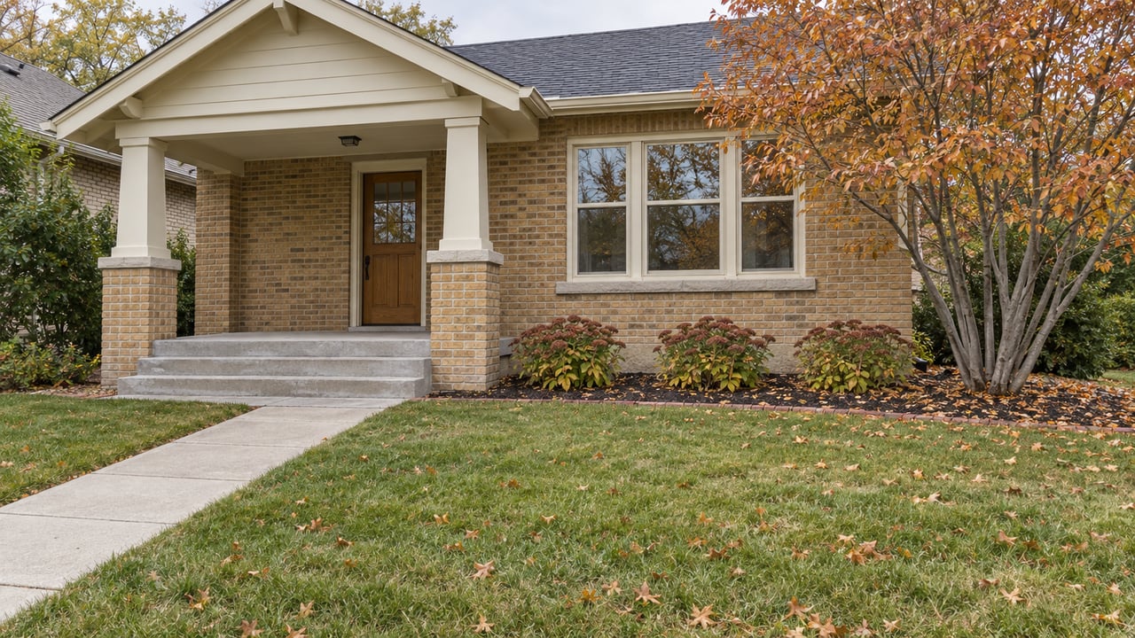 Buff-brick bungalow with a cream-trimmed porch, a deep front lawn and a copper-leaved serviceberry beside the entry.