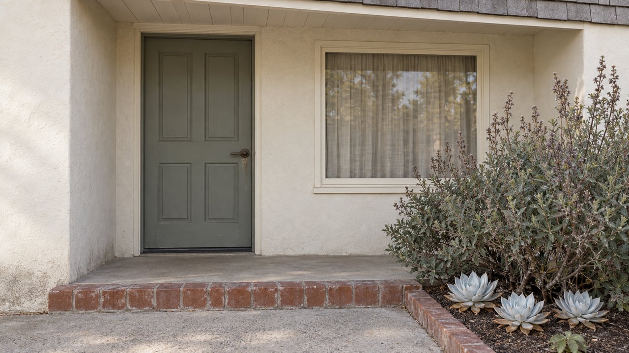 Close view of a stucco home's gray-green front door, cream-trimmed window, worn brick porch step, and silver-leaved planting.