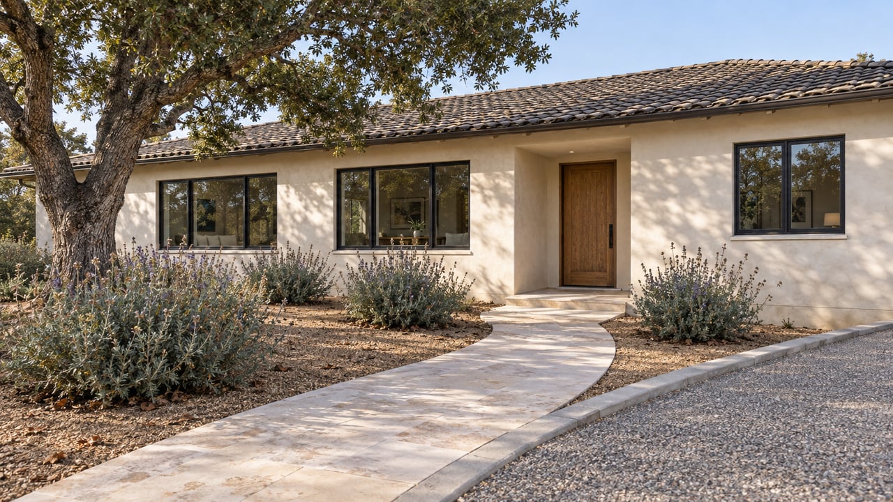 Sunlit single-level stucco home with an oak entrance door, black-framed windows and a limestone walk through an oak and sage garden.