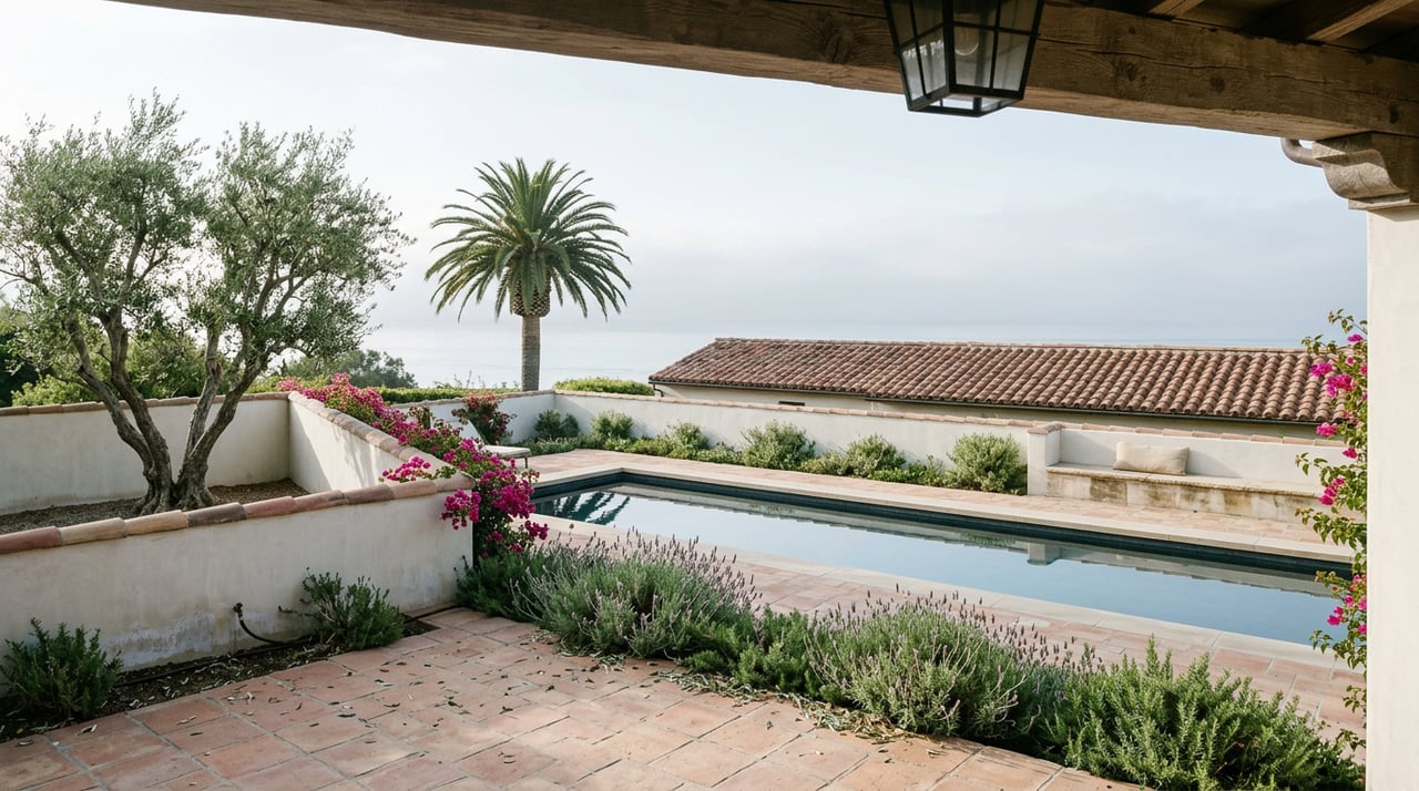 Mediterranean courtyard with a reflecting pool, olive tree, palm, and magenta bougainvillea beneath tiled roof.