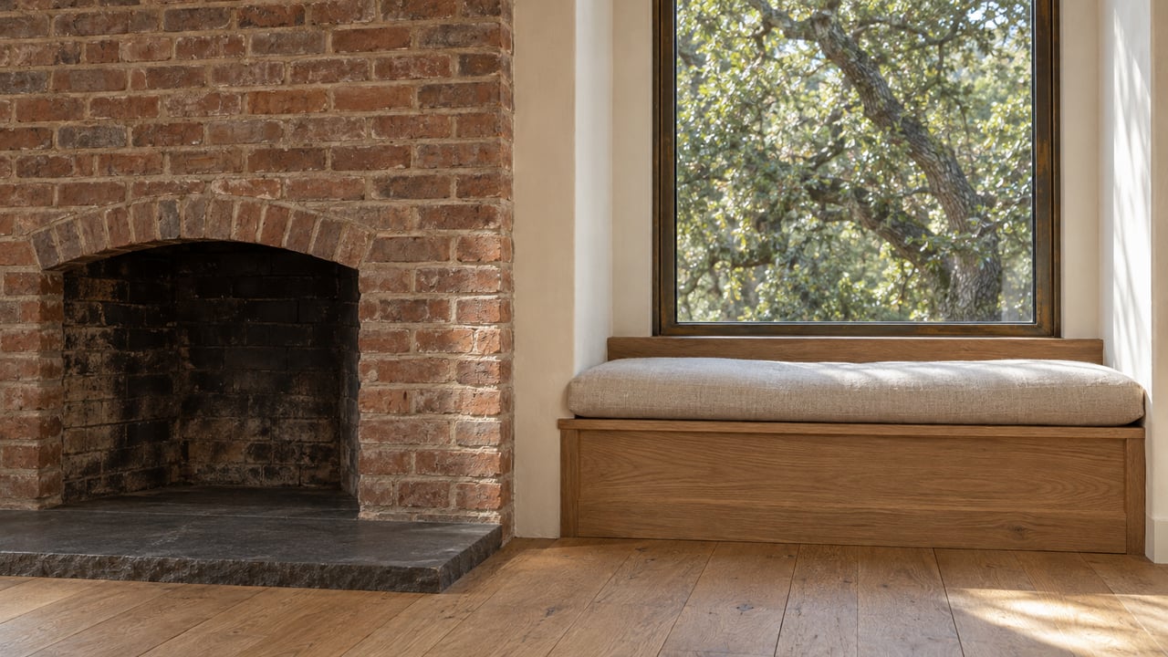 Weathered brick fireplace beside an oak window seat, with warm plaster, a slate hearth and daylight through bronze-framed glass.