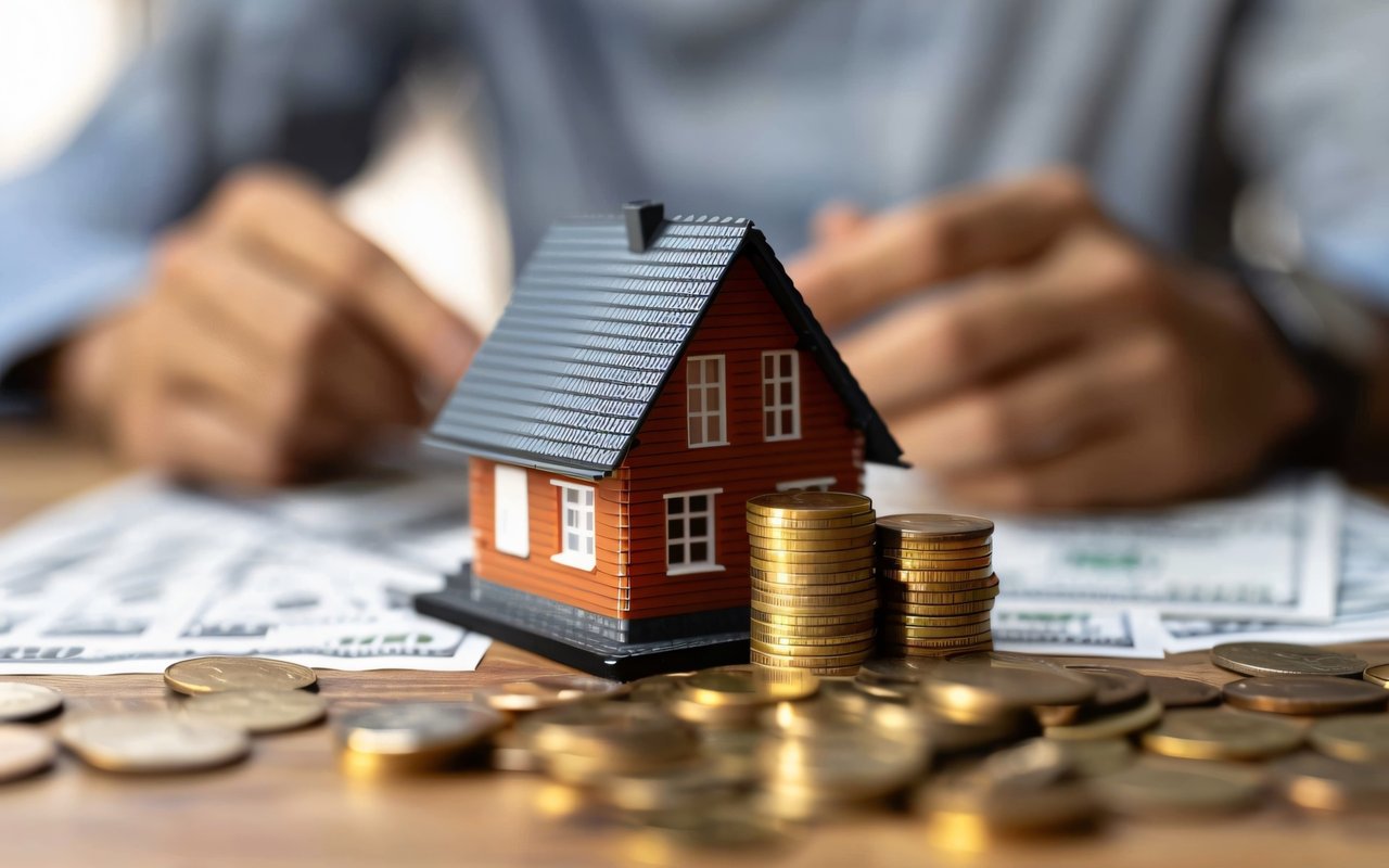 Miniature red house and stacks of coins on financial paperwork.