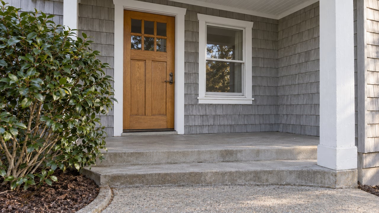A gray-shingled bungalow porch with a warm wood divided-light door, white square post, weathered concrete steps and a single camellia.