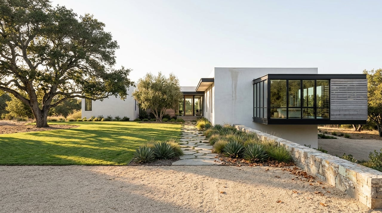 Modern estate with white stucco and cedar-clad wing, set behind a broad lawn and gravel drive beneath an oak tree.