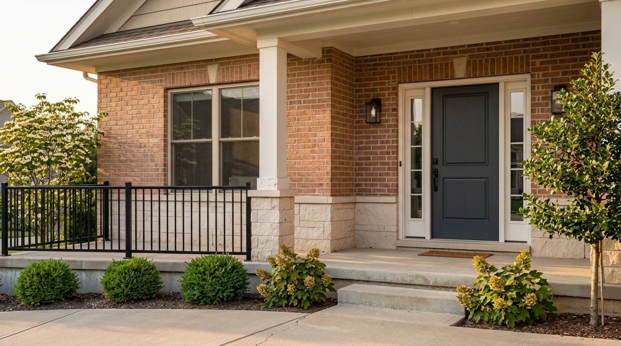Brick house entry with a dark gray door, white columns, black metal railing, and trimmed shrubs.