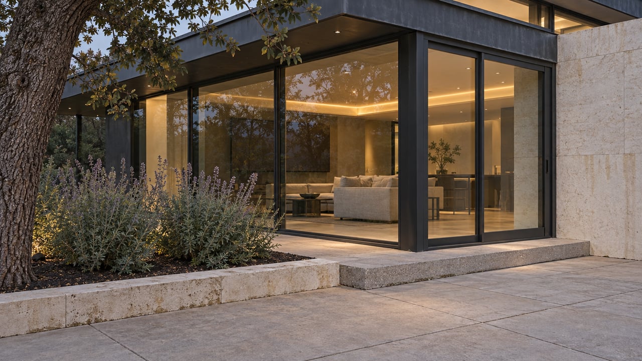 Dusk light on a limestone and glass home, with a warm enclosed living room beside a concrete terrace and oak tree.