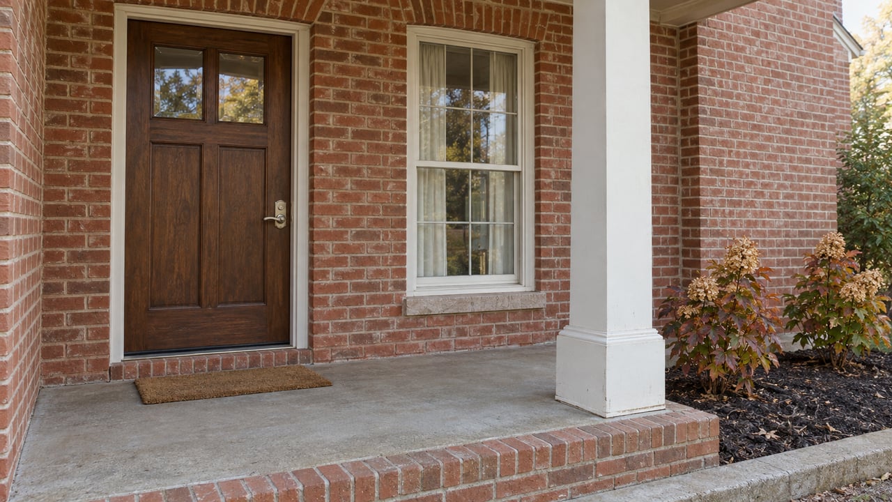 Covered red-brick front porch with an oak entry door, white-trimmed window, and russet oakleaf hydrangeas.