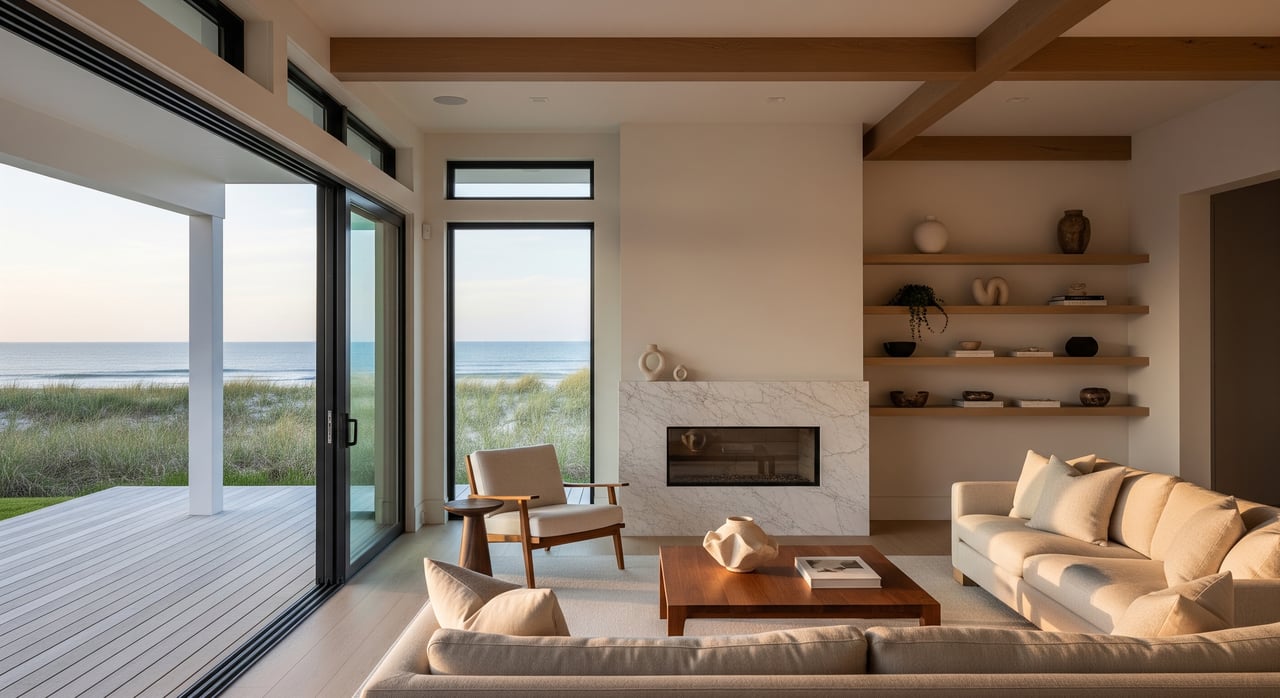 Modern living room with a fireplace, built-in shelves, and glass doors opening to a coastal deck.