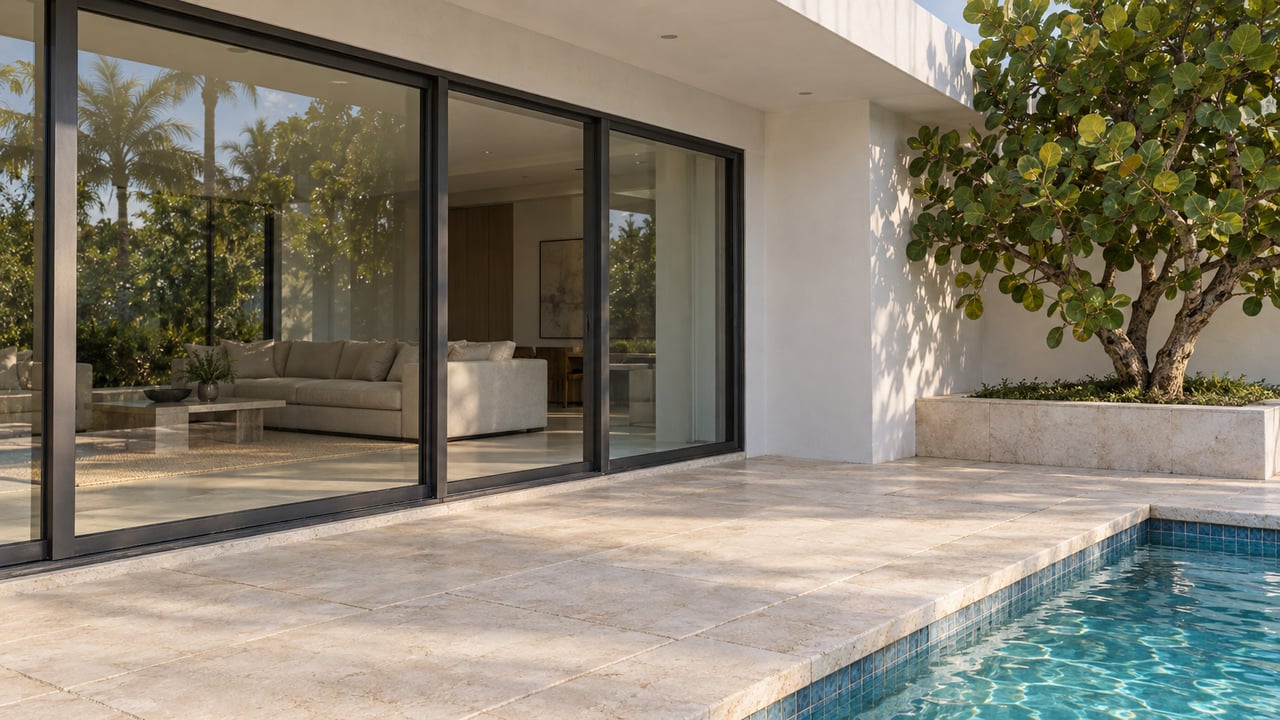 White stucco home with closed floor-to-ceiling sliding glass, a pale limestone terrace, turquoise pool corner and a sculptural sea grape tree.