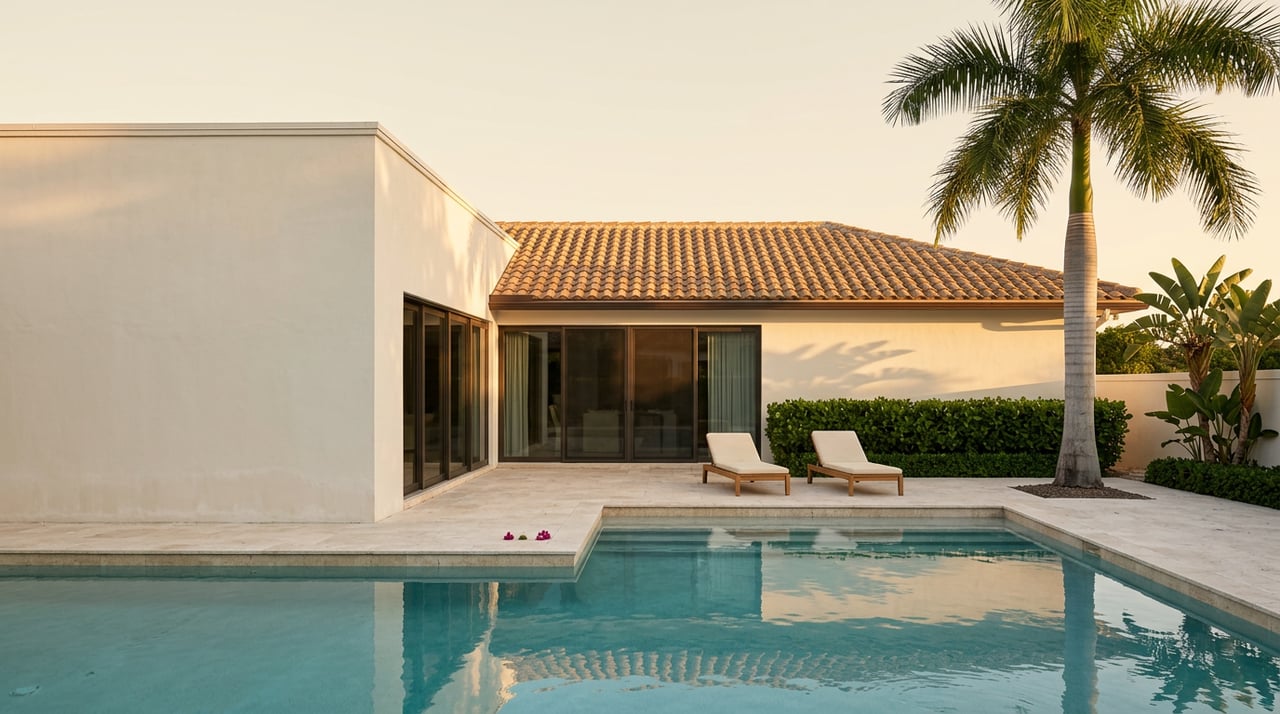 Stucco house with barrel-tile wing overlooks turquoise pool, framed by a palm and clipped garden hedge.