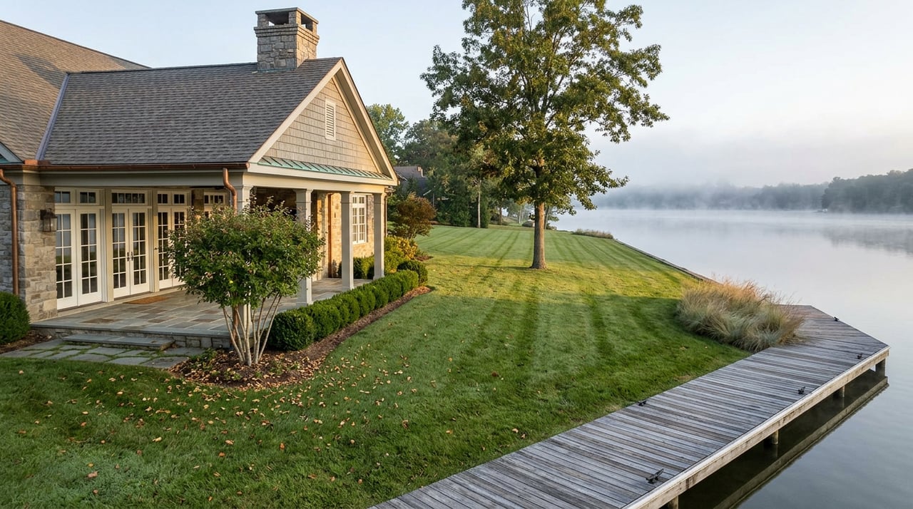 Lakefront home with a stone-and-shingle facade, broad lawn, mature oak, and weathered dock extending into misty water.