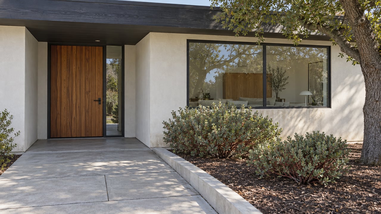 Updated home entrance with a cedar door, broad dark-framed window, concrete approach and sculptural manzanita planting.