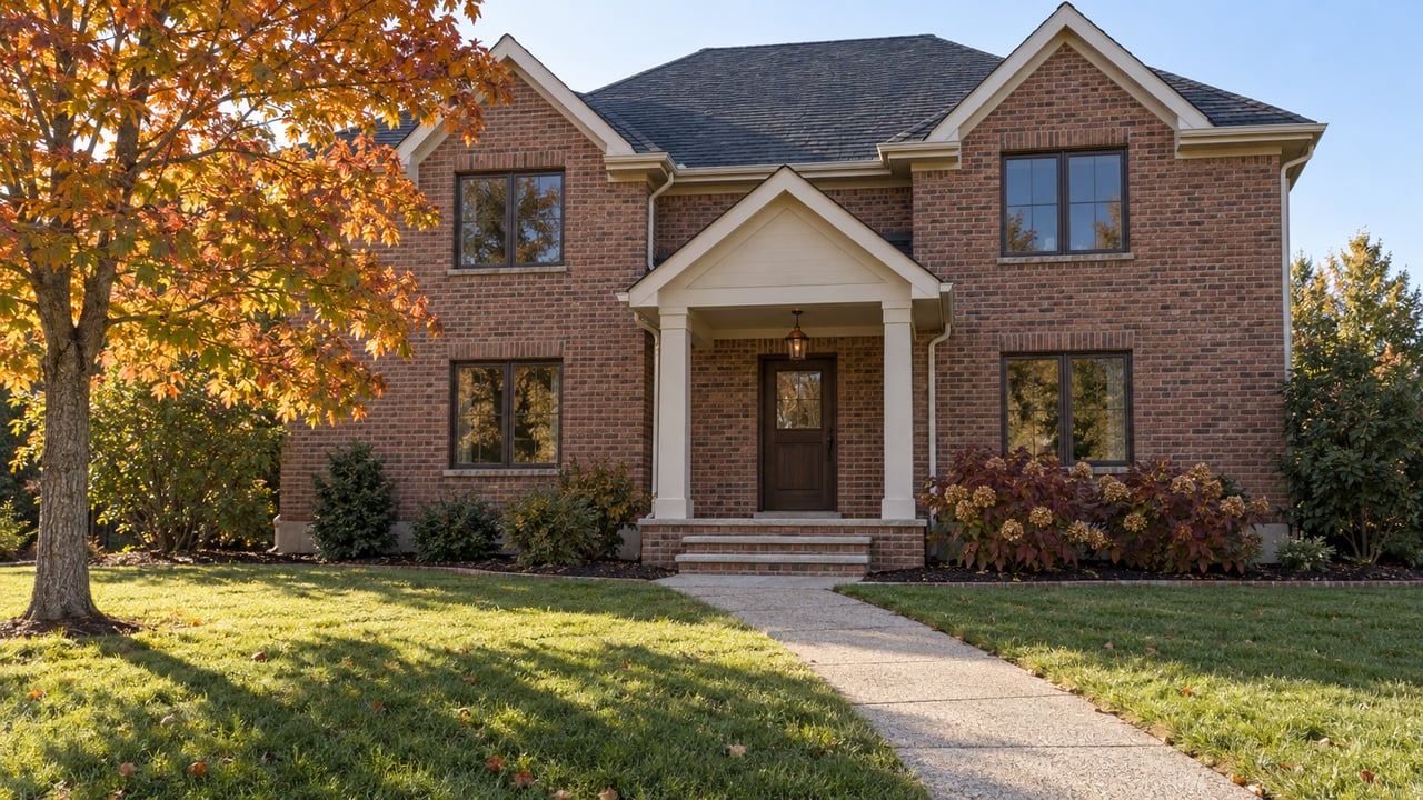 Brick two-story home behind a deep lawn, with a concrete approach, covered entry and an amber-leaved sugar maple.