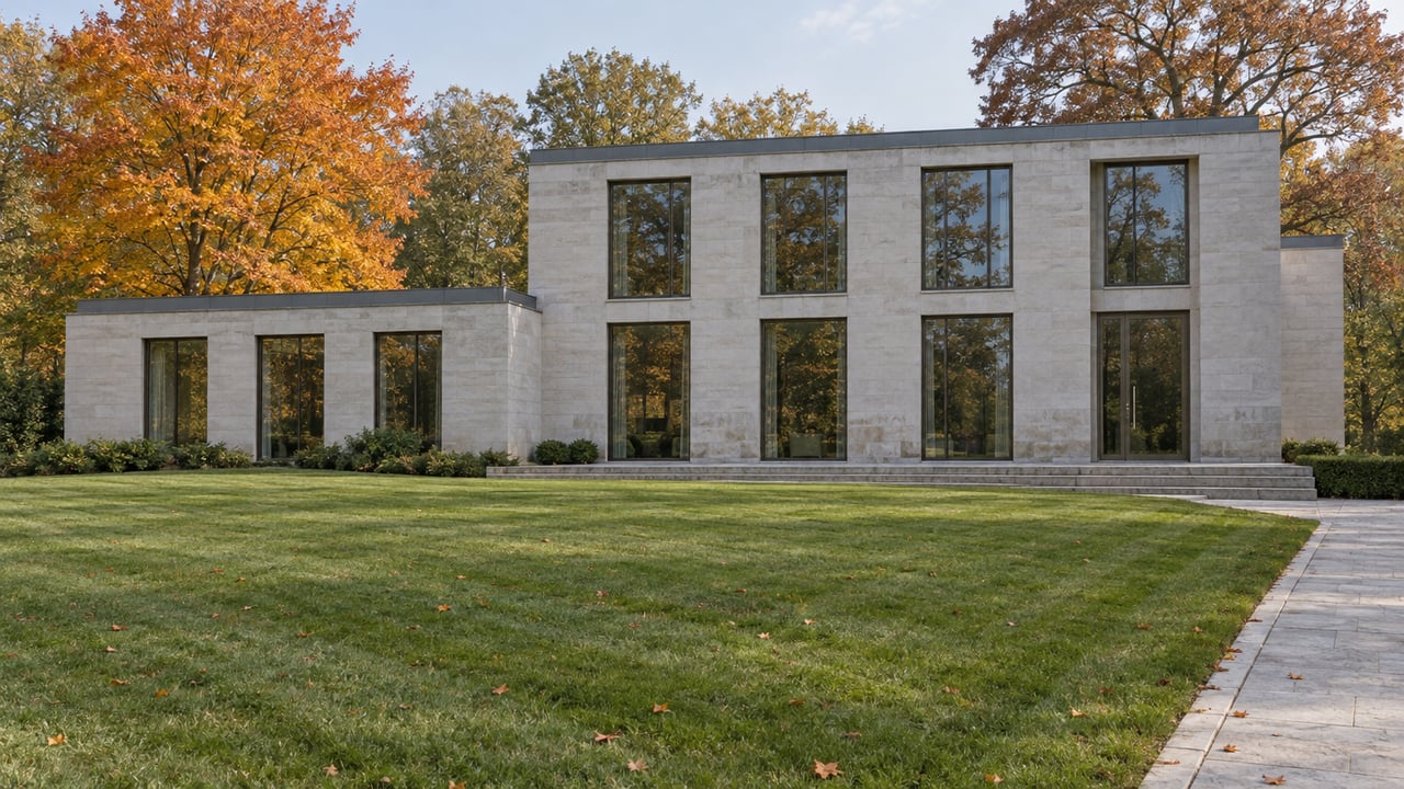 Broad pale limestone residence beyond a deep lawn, with bronze-framed windows and amber and russet autumn trees.