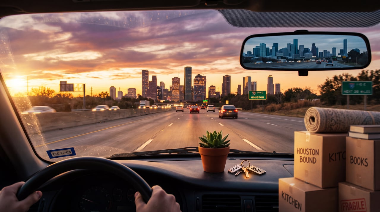 Driver's view through a windshield toward the Houston skyline at sunset, moving boxes labeled Houston Bound