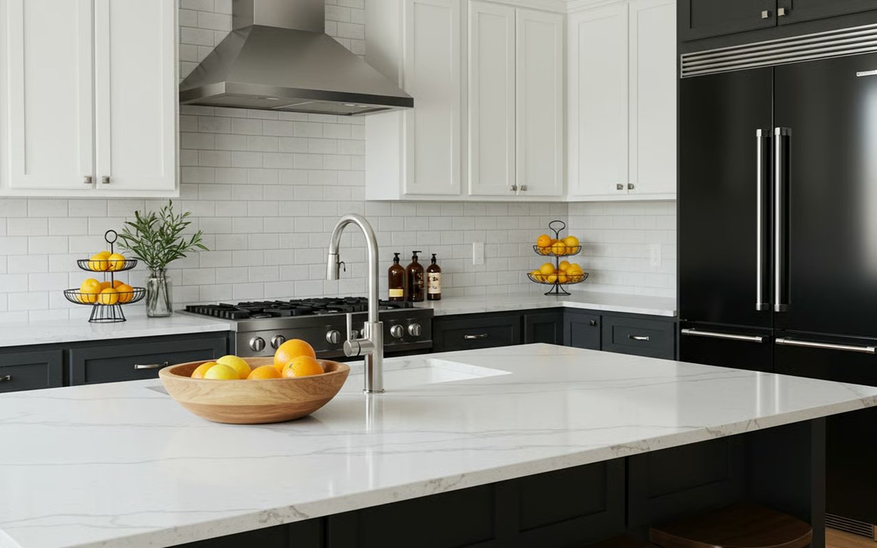 Modern kitchen with a marble-look island, dark cabinets, white subway tile, and a bowl of oranges.