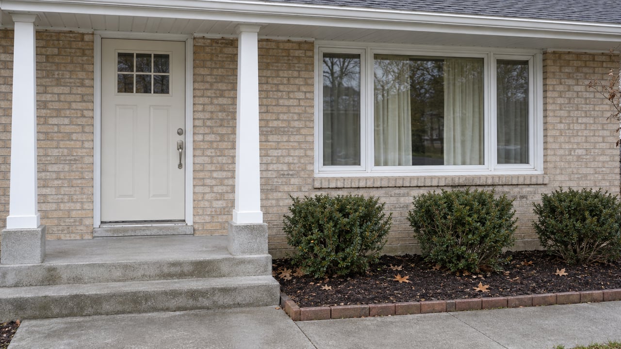 Light-brick home entry with white porch posts, a three-part window, and neatly edged evergreen planting in soft autumn daylight.
