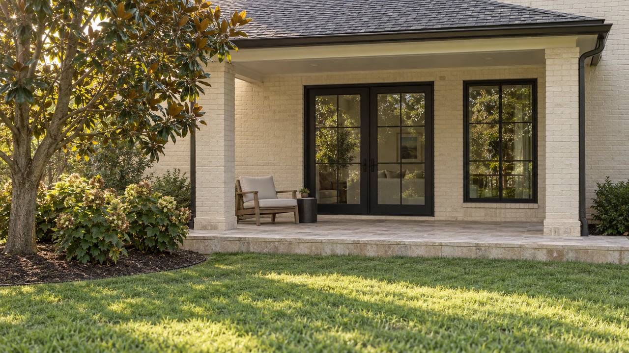 Light brick home with a covered patio, black-framed glass doors, and a chair beside the lawn.