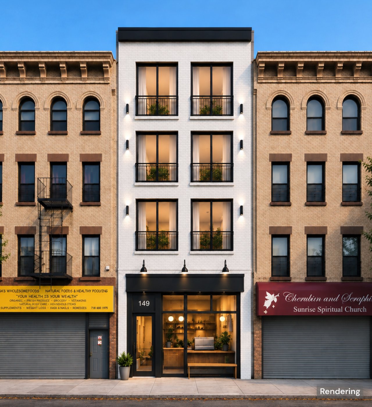 White-brick multistory building with black balconies and a warmly lit ground-floor storefront between older brick shops.