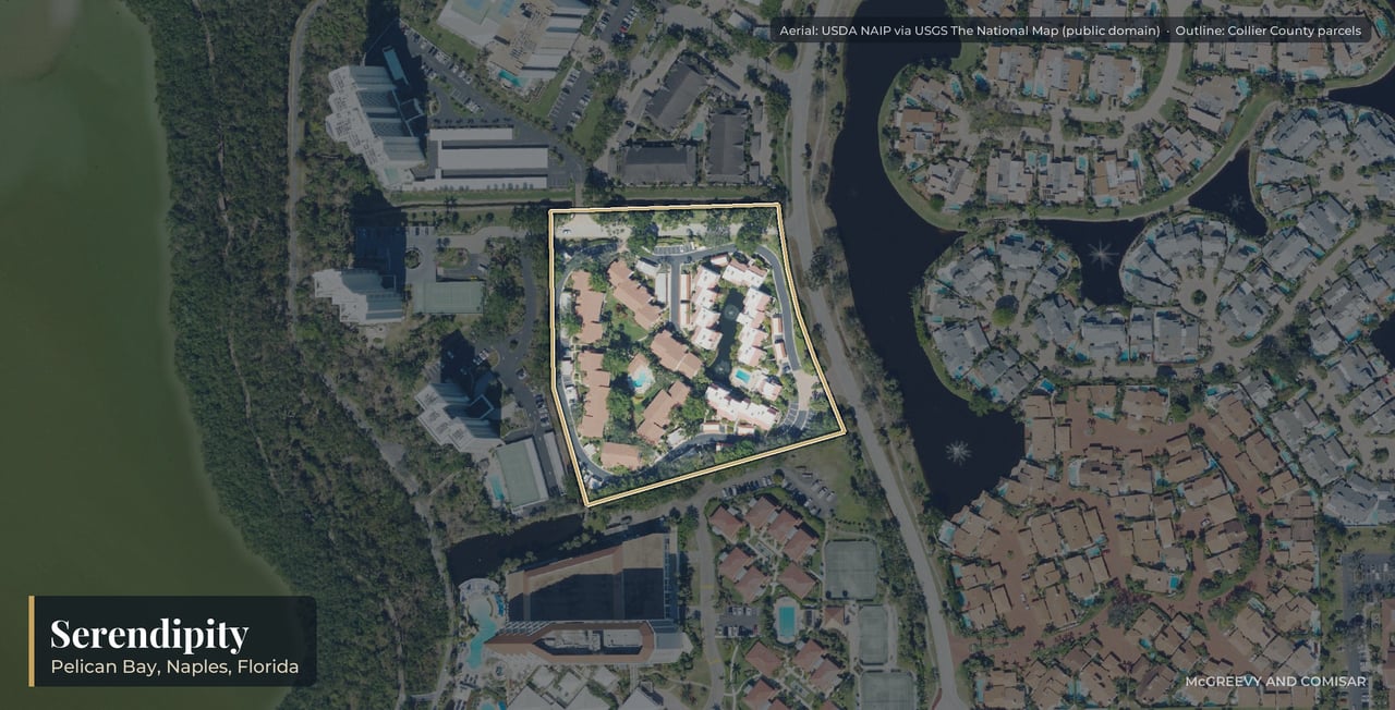 Aerial view of Serendipity at Pelican Bay, Naples, Florida, with its parcels outlined