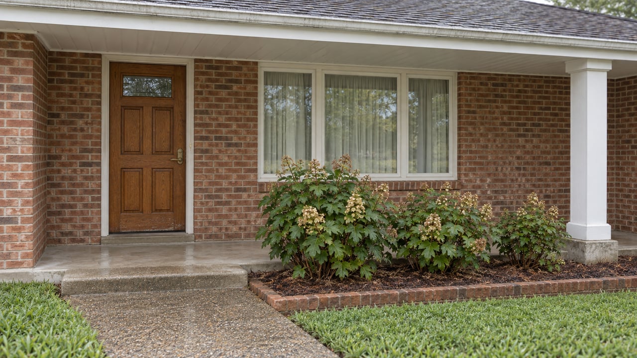 Sheltered brick ranch entry with a wood door, broad window and oakleaf hydrangeas beside a damp aggregate walk.
