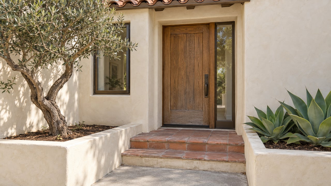 Coastal house entry with an oak door, bronze-framed windows, terracotta steps, an olive tree, and two agaves.