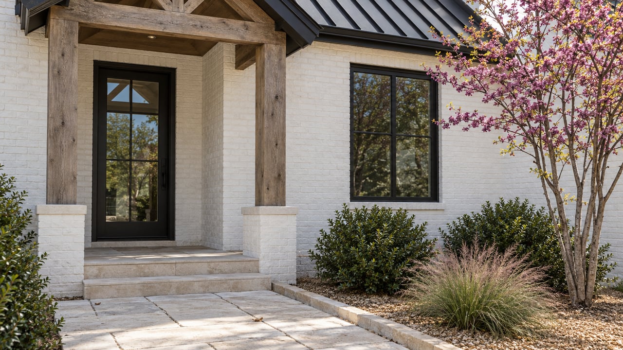 White-painted brick home entry with a dark glazed door, timber porch posts, limestone pavers, and low plantings.
