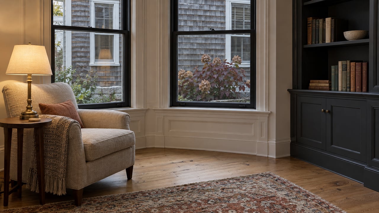A wool armchair beside closed sash windows in a white-paneled sitting room with oak floors, charcoal shelving, and a warm brass lamp.