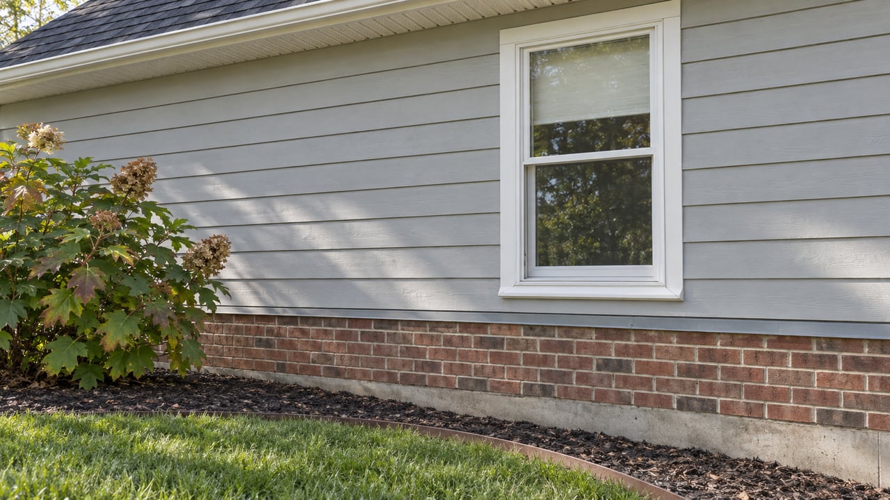 Close exterior view of a suburban home's closed window, gray lap siding and red-brown brick foundation above an oakleaf hydrangea planting bed.