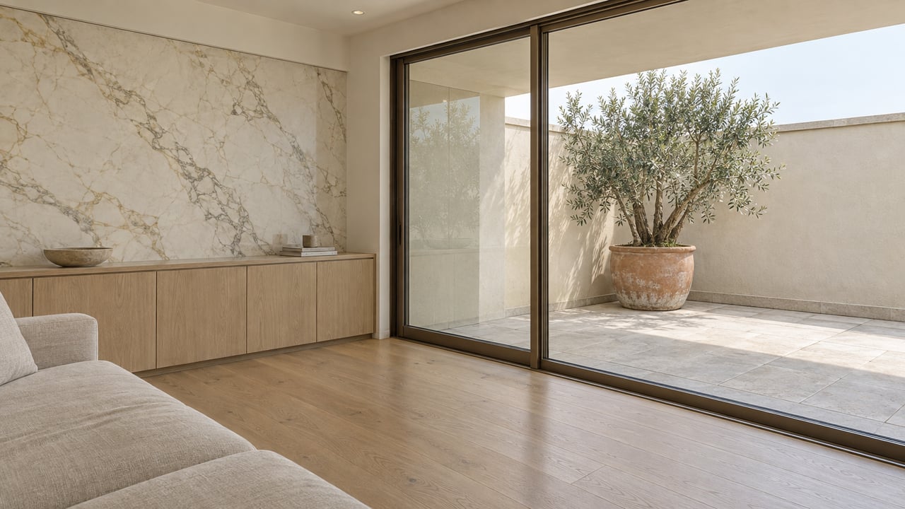 Light-oak condominium living room with an ivory marble wall, bronze-framed glass and a limestone terrace holding a single olive tree.