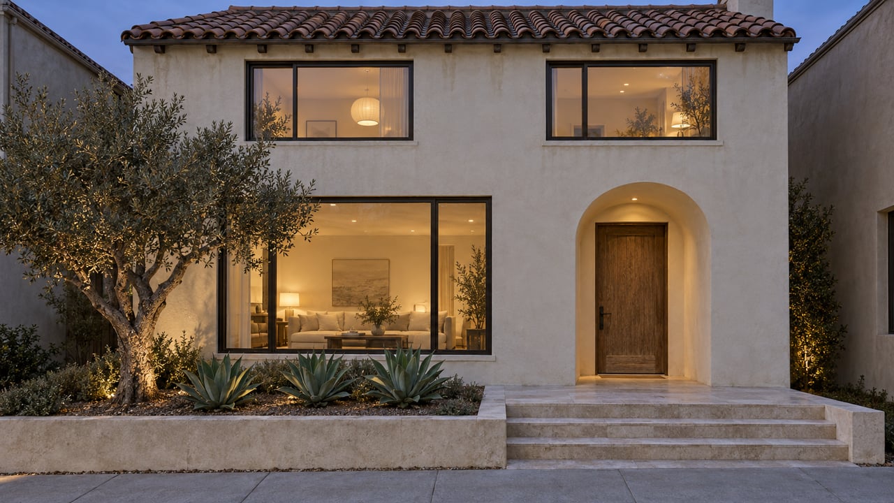 Ivory stucco home with a clay tile roof, warm glazed windows, oak entry door and limestone steps beside an olive tree at dusk.