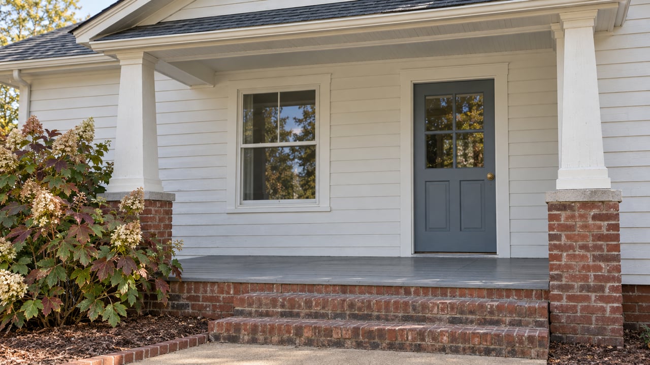 White-sided home with a broad covered porch, red-brick steps, a blue-gray entry door, and an oakleaf hydrangea.