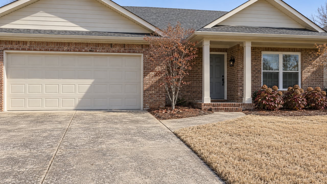 Red-brown brick and ivory-sided single-story home with a double garage, covered entry, and a small redbud beside a concrete walk.